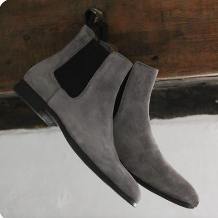 Handmade Men’s Dark Gary Chelsea Ankle Dress Boots, Real Suede Office Business Boots.