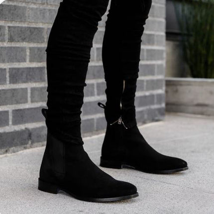 Handmade Men’s Black Chelsea Ankle Dress Boots, Real Suede Office Business Boots.