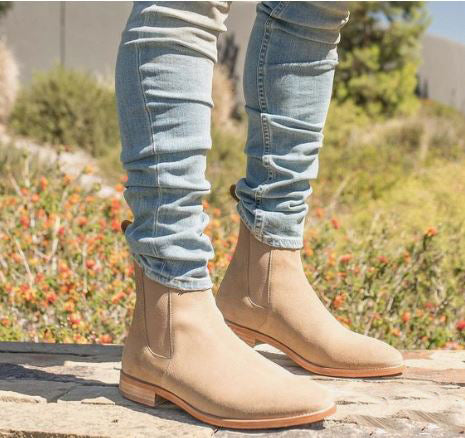 Handmade Men’s Beige Chelsea Ankle Dress Boots, Real Suede Office Business Boots.