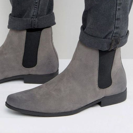 Handmade Men’s Gray Chelsea Ankle Dress Boots, Real Suede Office Business Boots.