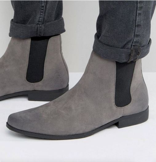 Handmade Men’s Gray Chelsea Ankle Dress Boots, Real Suede Office Business Boots.