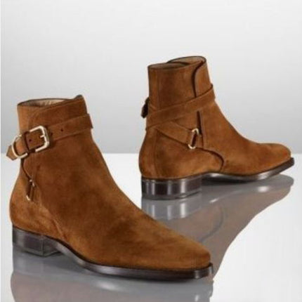 Men’s Dark Brown Ankle Monk Strap Business Boots, Real Suede Jodhpur Dress Boots.