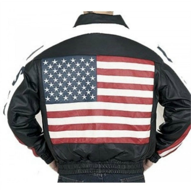 Handmade Men’s Black Back USA Flag Jackets Real Leather Jackets