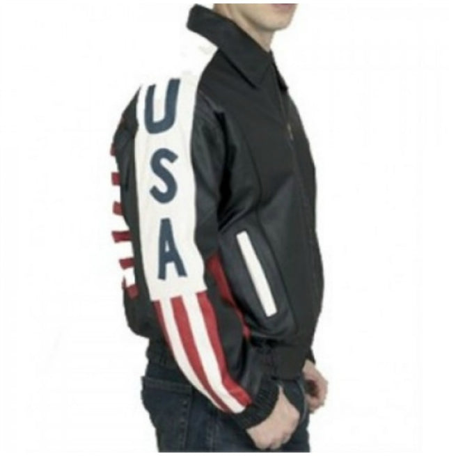 Handmade Men’s Black Back USA Flag Jackets Real Leather Jackets