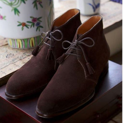 Handmade Men’s Dark Burgundy Chukka Low Ankle Lace Up Dress Boots, Real Suede Office Business Boots.