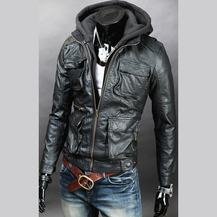 Men Detachable Fabric Hooded Leather Jacket, Biker Leather Jacket Mens