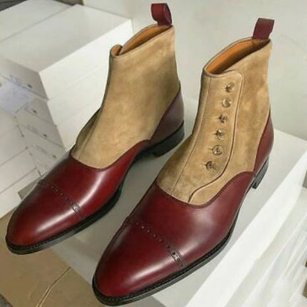 Handmade Men’s Two Tone Brogue Side Button Dress Boots, Real Leather Suede Office Business Boots.