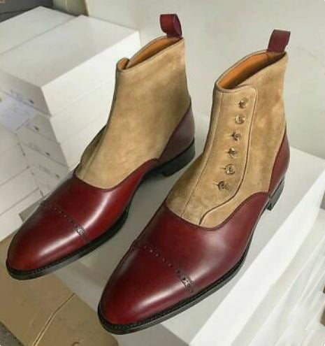 Handmade Men’s Two Tone Brogue Side Button Dress Boots, Real Leather Suede Office Business Boots.