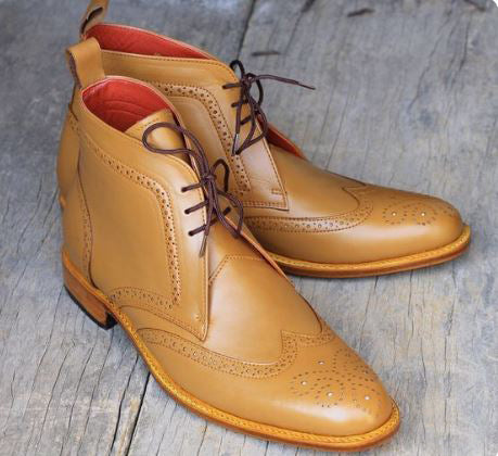 New men Tan chukka wing tip brogue lace up ankle leather dress boot, formal boot, business boots