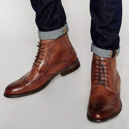 New men brown chukka wing tip brogue lace up ankle leather dress boot, formal boot, business boots