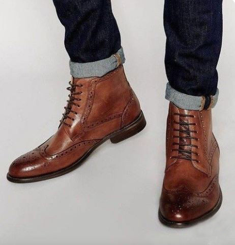 New men brown chukka wing tip brogue lace up ankle leather dress boot, formal boot, business boots