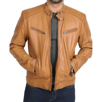 Men Tan Color Moto Leather Jacket, Real Leather Biker Moto Jacket
