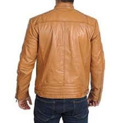 Men Tan Color Moto Leather Jacket, Real Leather Biker Moto Jacket