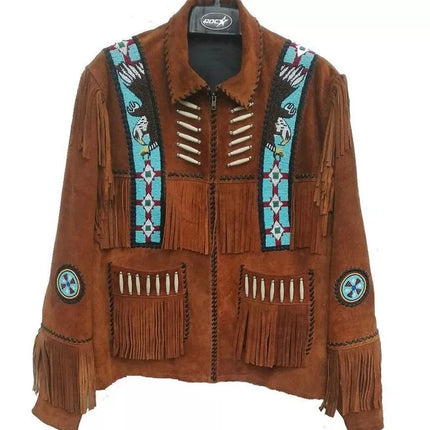Men Western Style Beads Patches Suede Jacket, Brown Fringes Bones Jacket