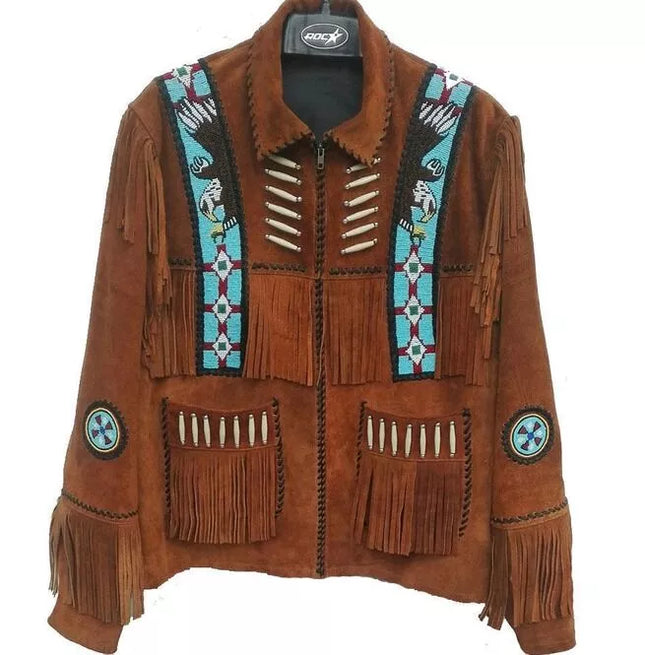 Men Western Style Beads Patches Suede Jacket, Brown Fringes Bones Jacket