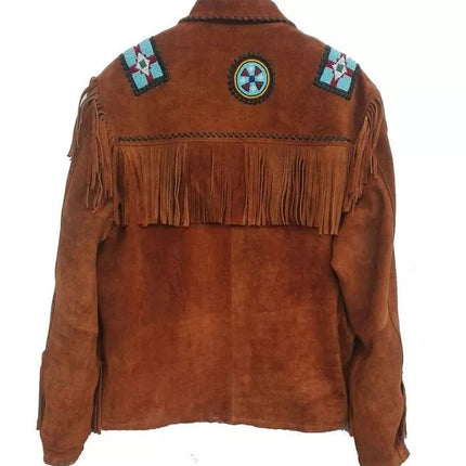 Men Western Style Beads Patches Suede Jacket, Brown Fringes Bones Jacket