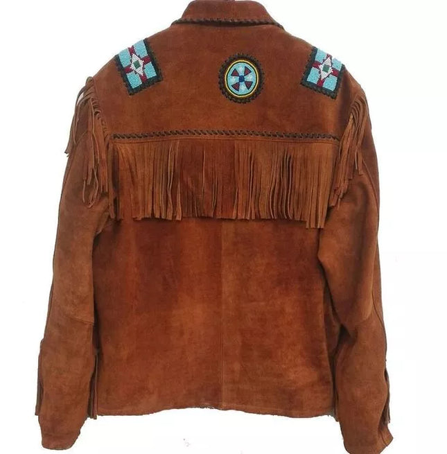 Men Western Style Beads Patches Suede Jacket, Brown Fringes Bones Jacket