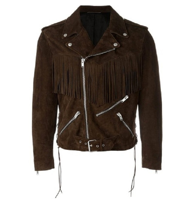Men Fringe Motorcycle Jacket Clothing, Cow Boy Brown Western Jacket
