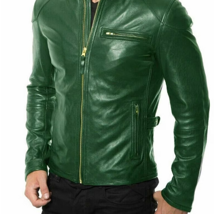 Handmade Men’s Green Leather Jacket, Moto Stylish Slim Fit Biker Jacket