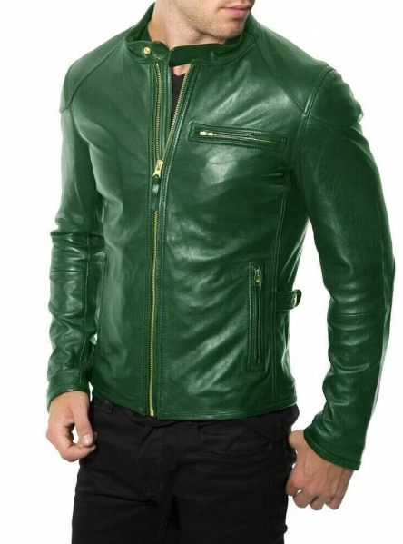 Handmade Men’s Green Leather Jacket, Moto Stylish Slim Fit Biker Jacket