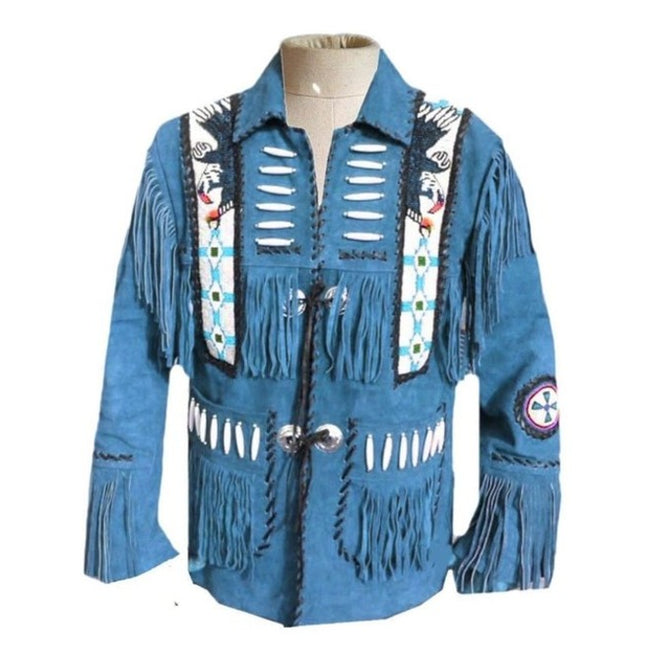 Men Western Leather Jacket Wear Fringes Beads American Cowboy Jacket