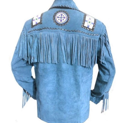 Men Western Leather Jacket Wear Fringes Beads American Cowboy Jacket