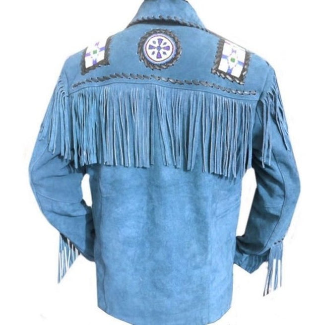 Men Western Leather Jacket Wear Fringes Beads American Cowboy Jacket