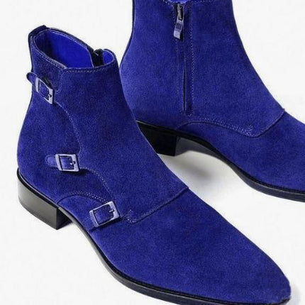 Men’s Blue Jodhpur Triple Monk Strap Dress Office Boots, Real Suede Ankle Business Boots