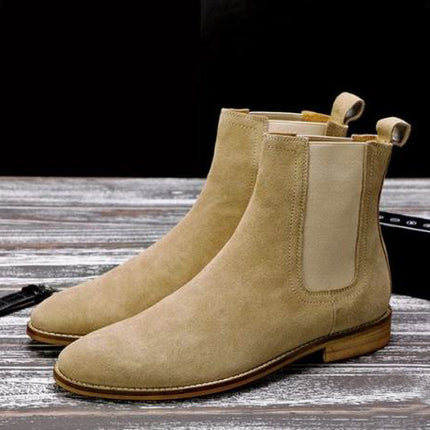 Handmade Men’s Beige High Ankle Chelsea Dress Office Boots, Real Suede Ankle Business Boots