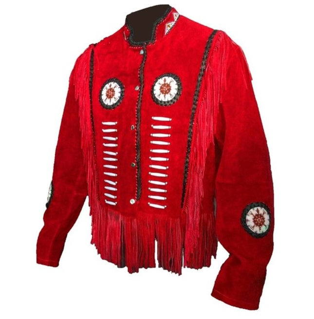 Men’s Suede Leather Jacket Western Wear Cowboy Coat Fringe Bead,Jacket