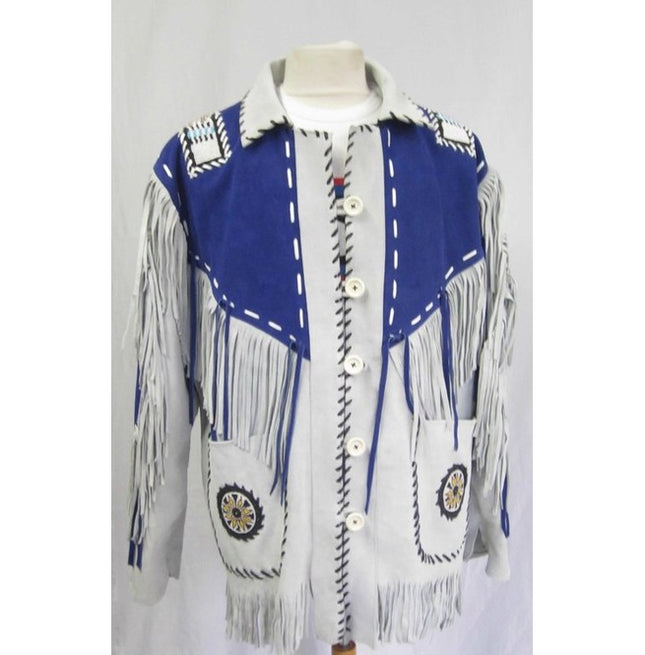 Men Western Leather Jacket Wear Fringes Beads Native American Cowboy Coat