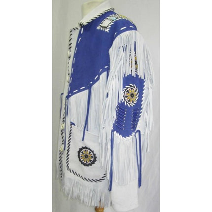 Men Western Leather Jacket Wear Fringes Beads Native American Cowboy Coat