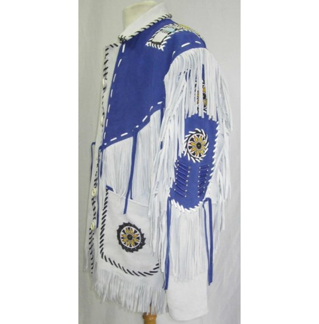 Men Western Leather Jacket Wear Fringes Beads Native American Cowboy Coat