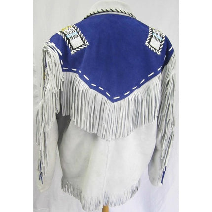 Men Western Leather Jacket Wear Fringes Beads Native American Cowboy Coat