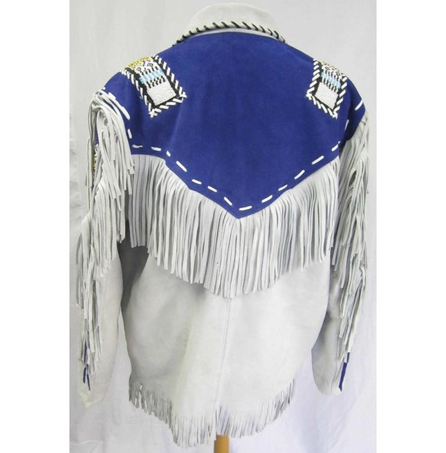 Men Western Leather Jacket Wear Fringes Beads Native American Cowboy Coat