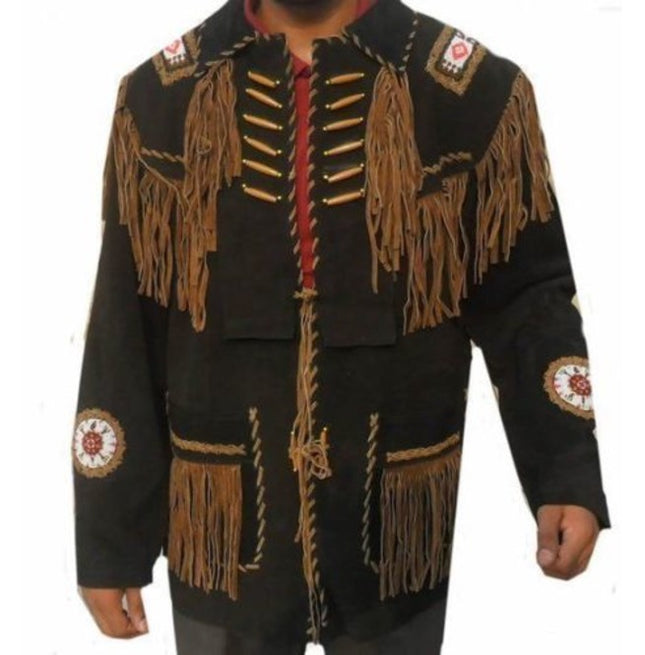 Beads Western Cowboy Suede Leather Jacket, Fringes Cowboy Jacket