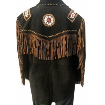 Beads Western Cowboy Suede Leather Jacket, Fringes Cowboy Jacket
