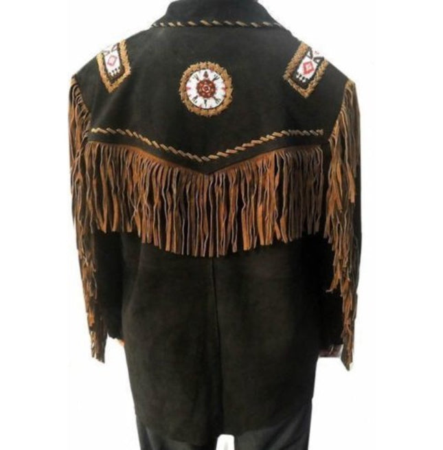 Beads Western Cowboy Suede Leather Jacket, Fringes Cowboy Jacket