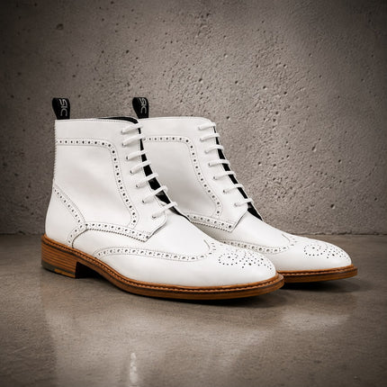 Handmade Men White Leather Brogue Ankle Boots, Wing Tip Lace up Office Boots