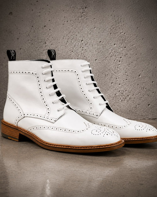 Handmade Men White Leather Brogue Ankle Boots, Wing Tip Lace up Office Boots