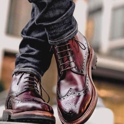 Handmade Men’s Burgundy Wing tip Brogue Chukka Lace Up Dress Office Boots, Real Leather Ankle Business Boots