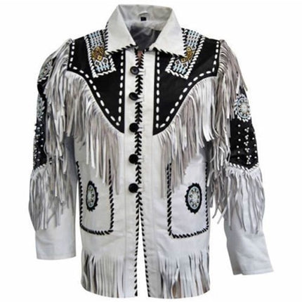 Mens Cowboy Suede Leather Jacket Western Coat Fringes Beads, Cowboy Jacket