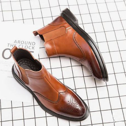 Men’s Tan Wing Tip Brogue High Ankle Chelsea Dress Office Boots, Real Leather Ankle Business Boots