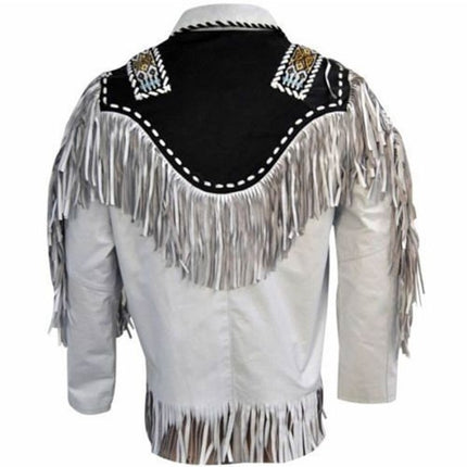 Mens Cowboy Suede Leather Jacket Western Coat Fringes Beads, Cowboy Jacket