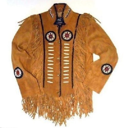 Mens Suede Leather Jacket Western Wear Cowboy Coat Fringe Bead, Bones Work