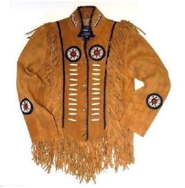 Mens Suede Leather Jacket Western Wear Cowboy Coat Fringe Bead, Bones Work