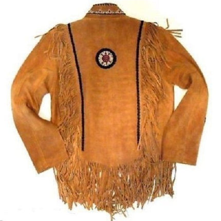 Mens Suede Leather Jacket Western Wear Cowboy Coat Fringe Bead, Bones Work