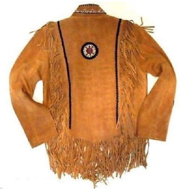 Mens Suede Leather Jacket Western Wear Cowboy Coat Fringe Bead, Bones Work
