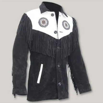 Men Western Leather Jacket Wear Fringes Beads Native American Cowboy Coat