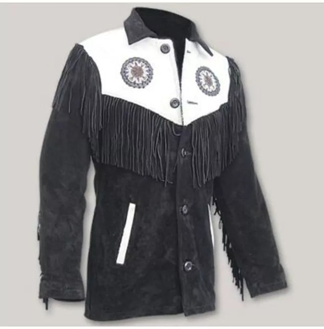 Men Western Leather Jacket Wear Fringes Beads Native American Cowboy Coat
